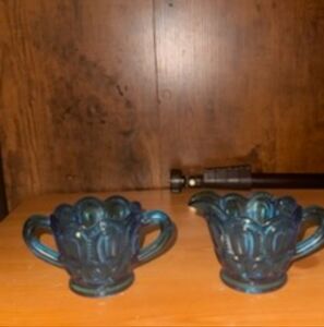 Antique blue embroidered glass kitchen ware set